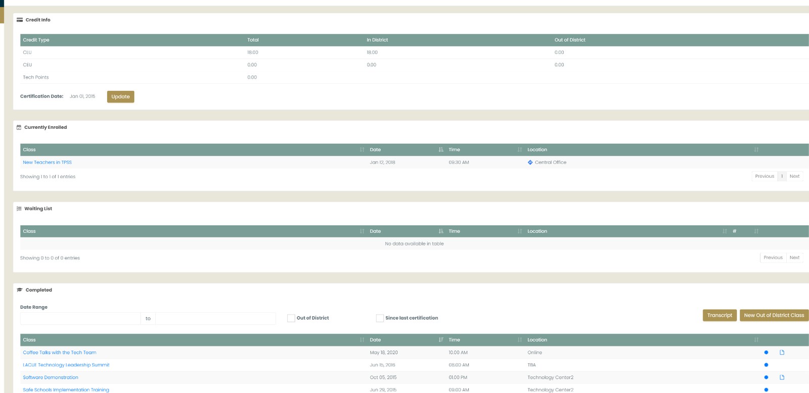 Credit and transcript dashboard
